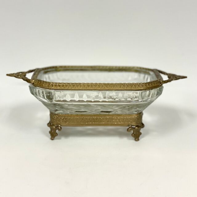 真鍮製 アンティーク調 脚付きガラストレー トレイ 小物入れ-11