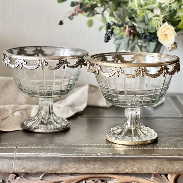 オールド・バカラ1900年頃 銀装飾ロココ調大型鉢 ボウル カット装飾 小物入れ 全2色】 真鍮製 アンティーク調 高台ガラスボウル（ガーランド