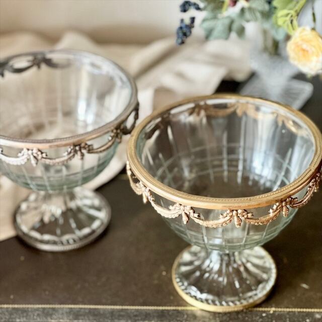 真鍮製 アンティーク調 高台ガラスボウル（ガーランド）-9