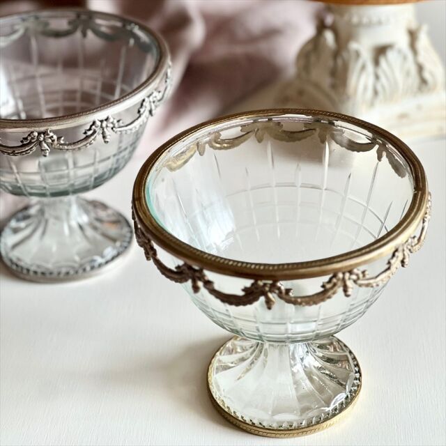真鍮製 アンティーク調 高台ガラスボウル（ガーランド）-10
