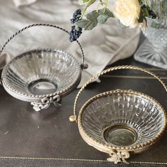 真鍮製 アンティーク調 リボンモチーフバスケット（取手付き） ボウル トレイ-11