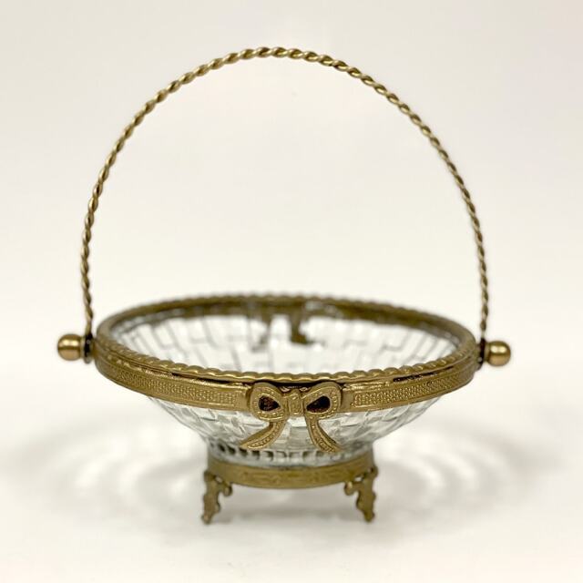 真鍮製 アンティーク調 リボンモチーフバスケット（取手付き） ボウル トレイ-13