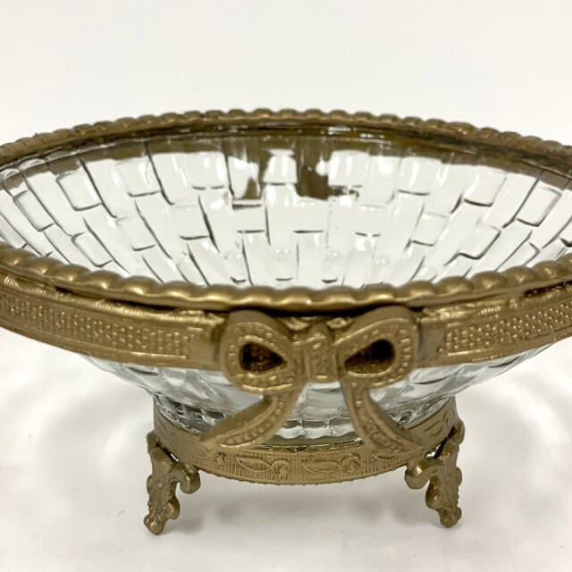 真鍮製 アンティーク調 リボンモチーフバスケット（取手付き） ボウル トレイ-17