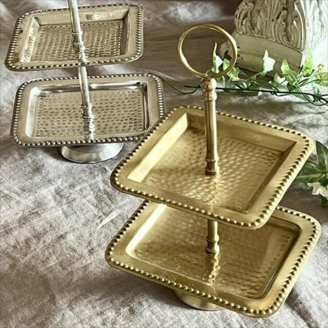 全2色】 真鍮製 アンティーク調 スクエアトレイ(2段) ディスプレイ