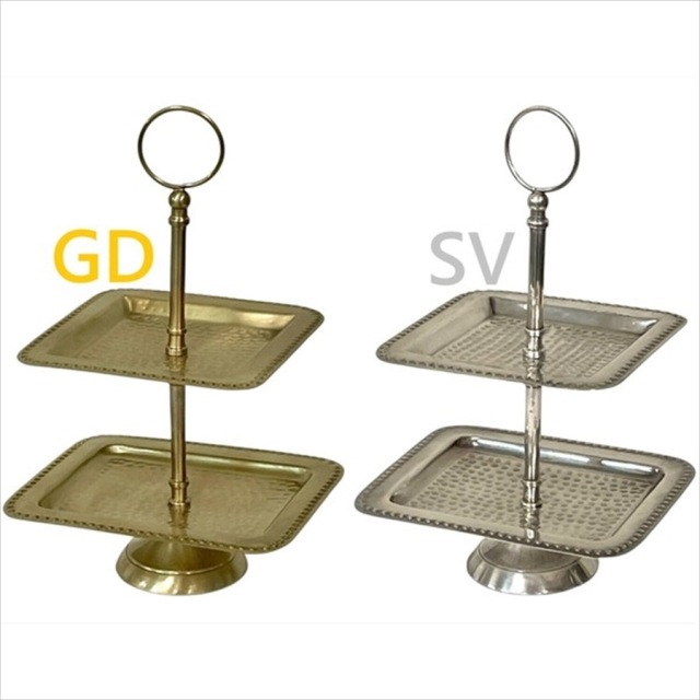 全2色】 真鍮製 アンティーク調 スクエアトレイ(2段) ディスプレイ