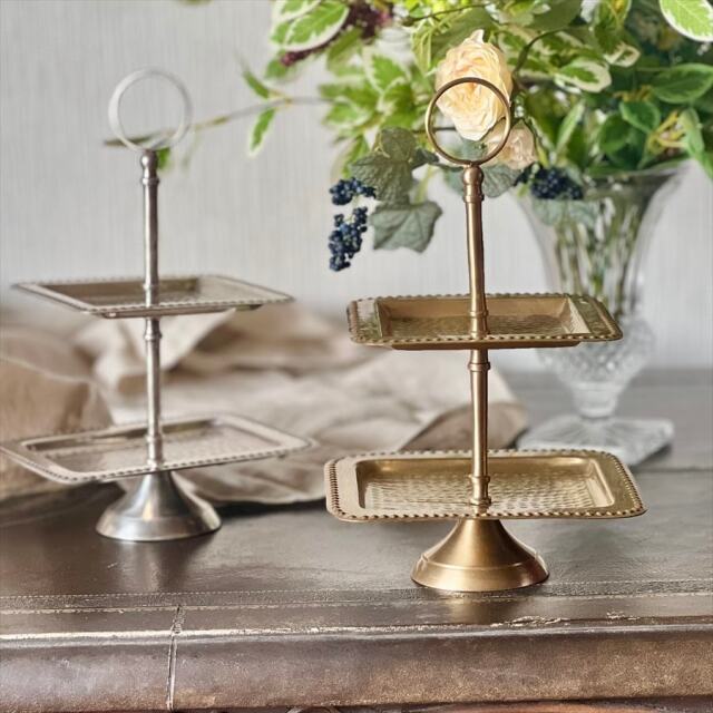 全2色】 真鍮製 アンティーク調 スクエアトレイ(2段) ディスプレイ