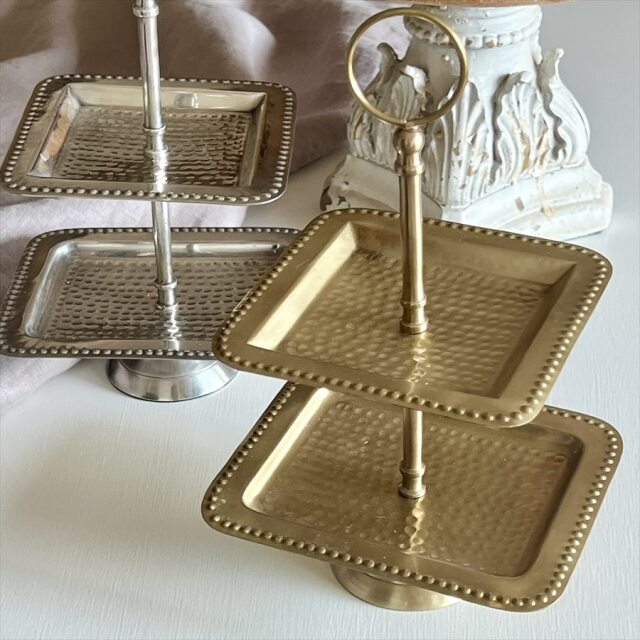 真鍮製,アンティーク調,スクエアトレイ,2段,ディスプレイスタンド,ティースタンド,ゴールド,シルバー,おしゃれ-12