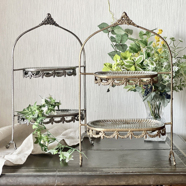 全2色】 真鍮製 アンティーク調 2段ディスプレイスタンド｜Y