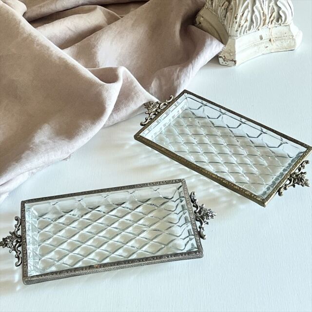 真鍮製,アンティーク調,クラシックトレイ,長角,小物入れ,カットガラス,トレー,ゴールド,シルバー,おしゃれ,店舗什器-8