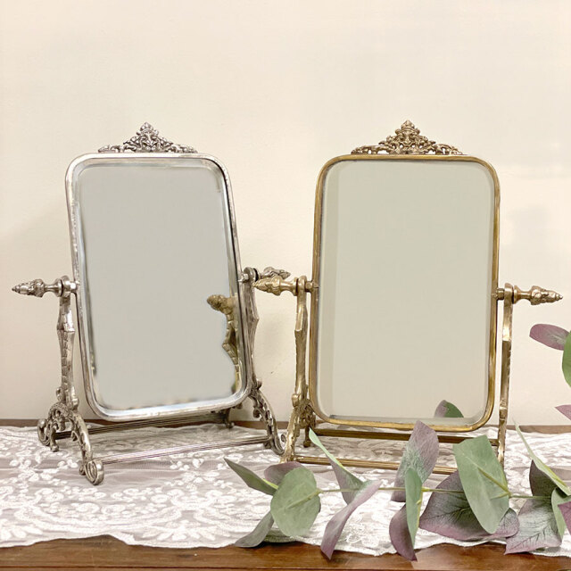 全2色】 真鍮製 アンティーク調 卓上ミラー スタンドミラー 鏡