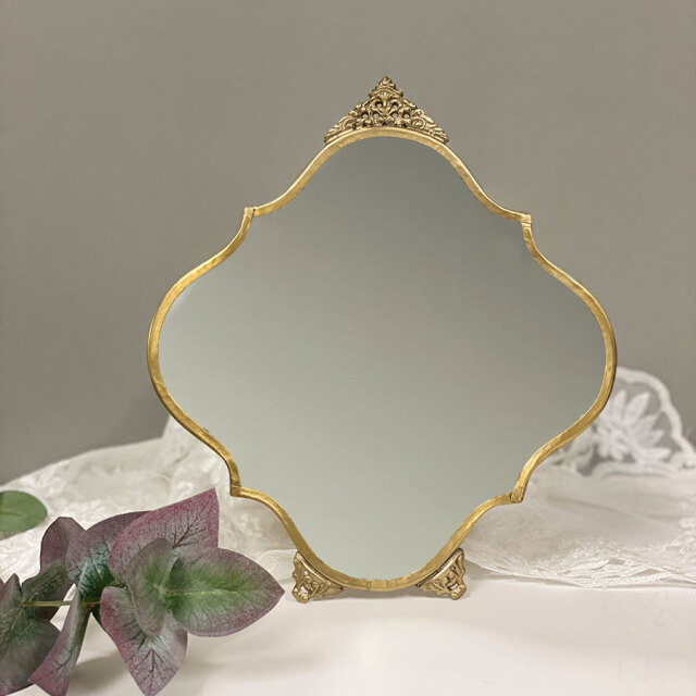 アンティーク木製大型スタンドミラー 刺繍カバー付き 杉無垢古材