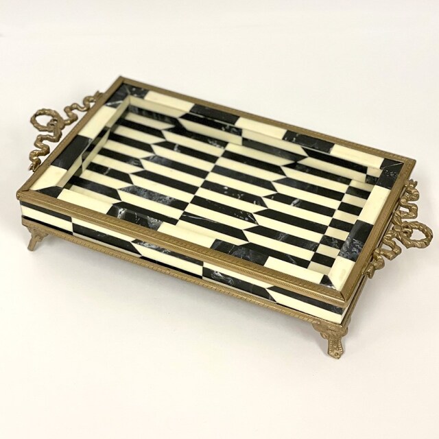 【2枚セット】真鍮フレーム,アンティーク調,トレイ,トレー,モノトーン,幾何学模様,小物置き,おしゃれ,店舗什器-9