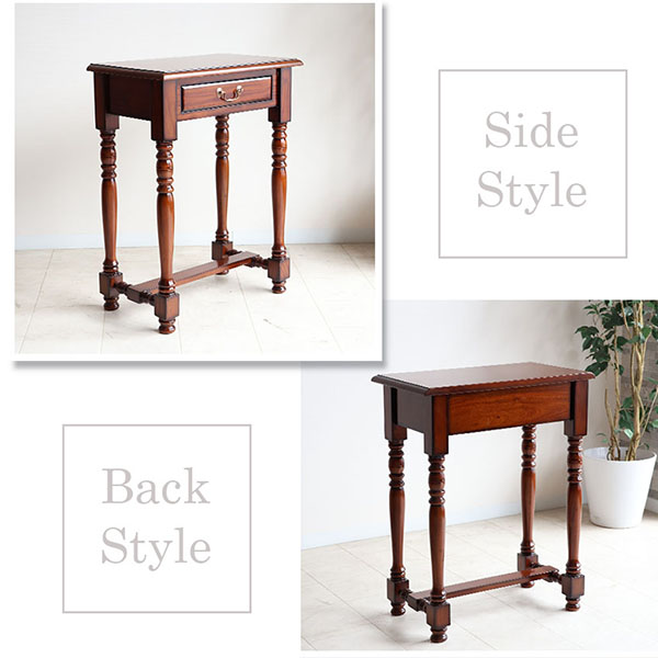 マリナカッシーリ 木製サイドテーブル 引き出し付き クラシックデザイン ダークブラウン 幅61cm 高さ80cm 輸入家具-5