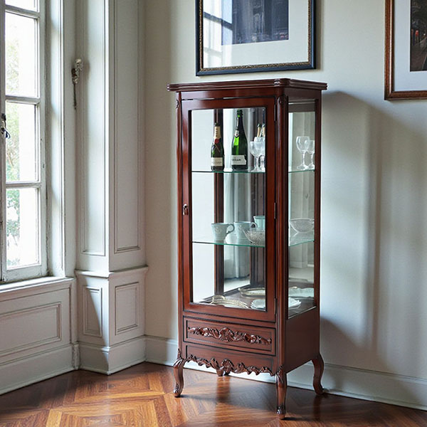 マリナカッシーリ ガラスキャビネット 飾り棚 クラシックデザイン ダークブラウン 幅68cm 高さ160cm コレクション収納 輸入家具-1