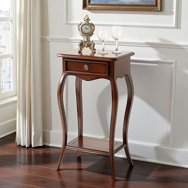 マリナカッシーリ 木製サイドテーブル 引き出し付き クラシックデザイン ダークブラウン 幅42cm 高さ79cm スリム収納 輸入家具-1