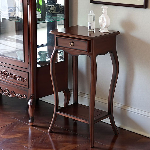 マリナカッシーリ 木製サイドテーブル 引き出し付き クラシックデザイン ダークブラウン 幅42cm 高さ79cm スリム収納 輸入家具-4