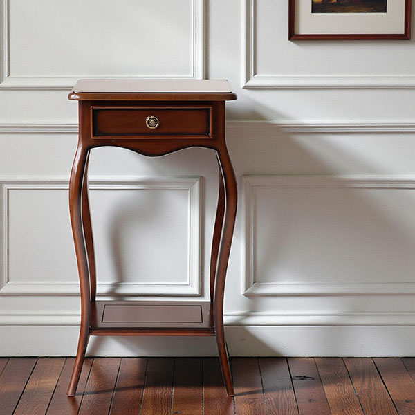 マリナカッシーリ 木製サイドテーブル 引き出し付き クラシックデザイン ダークブラウン 幅42cm 高さ79cm スリム収納 輸入家具-5