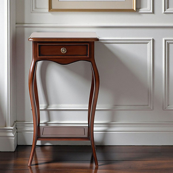 マリナカッシーリ 木製サイドテーブル 引き出し付き クラシックデザイン ダークブラウン 幅42cm 高さ79cm スリム収納 輸入家具-8