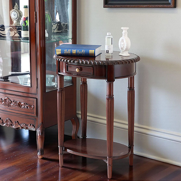 マリナカッシーリ 円形サイドテーブル 引き出し付き クラシックデザイン ダークブラウン 幅59cm 高さ76cm 木製家具 輸入家具-1