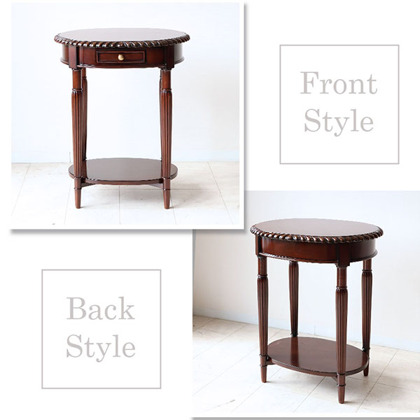 マリナカッシーリ 円形サイドテーブル 引き出し付き クラシックデザイン ダークブラウン 幅59cm 高さ76cm 木製家具 輸入家具-3