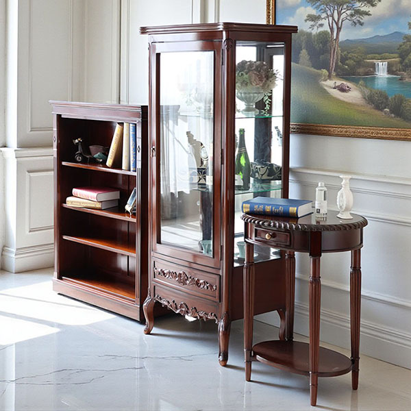 マリナカッシーリ 円形サイドテーブル 引き出し付き クラシックデザイン ダークブラウン 幅59cm 高さ76cm 木製家具 輸入家具-5