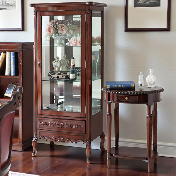 マリナカッシーリ 円形サイドテーブル 引き出し付き クラシックデザイン ダークブラウン 幅59cm 高さ76cm 木製家具 輸入家具-8