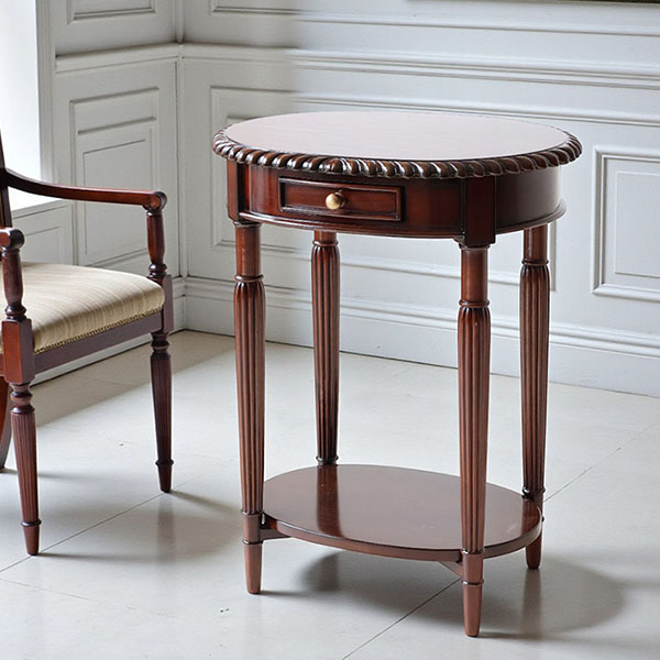 マリナカッシーリ 円形サイドテーブル 引き出し付き クラシックデザイン ダークブラウン 幅59cm 高さ76cm 木製家具 輸入家具-9