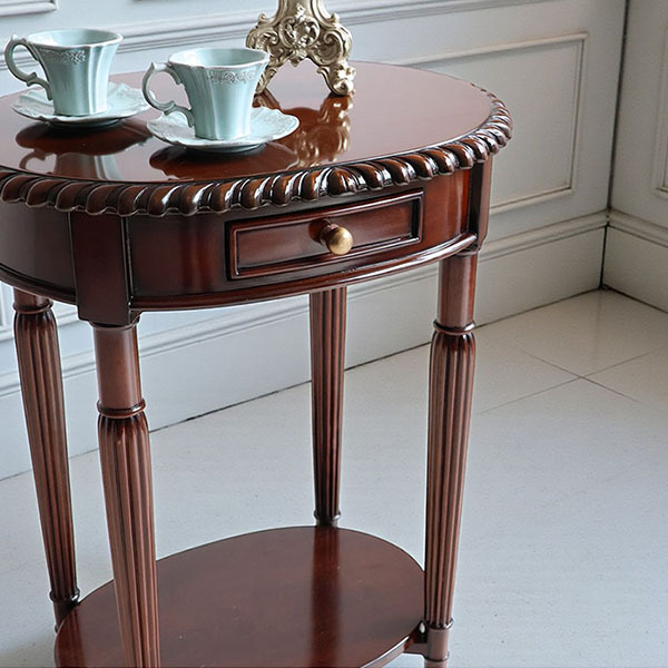 マリナカッシーリ 円形サイドテーブル 引き出し付き クラシックデザイン ダークブラウン 幅59cm 高さ76cm 木製家具 輸入家具-10