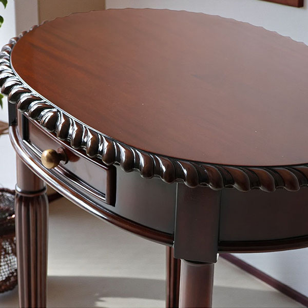 マリナカッシーリ 円形サイドテーブル 引き出し付き クラシックデザイン ダークブラウン 幅59cm 高さ76cm 木製家具 輸入家具-11