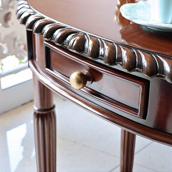 マリナカッシーリ 円形サイドテーブル 引き出し付き クラシックデザイン ダークブラウン 幅59cm 高さ76cm 木製家具 輸入家具-12