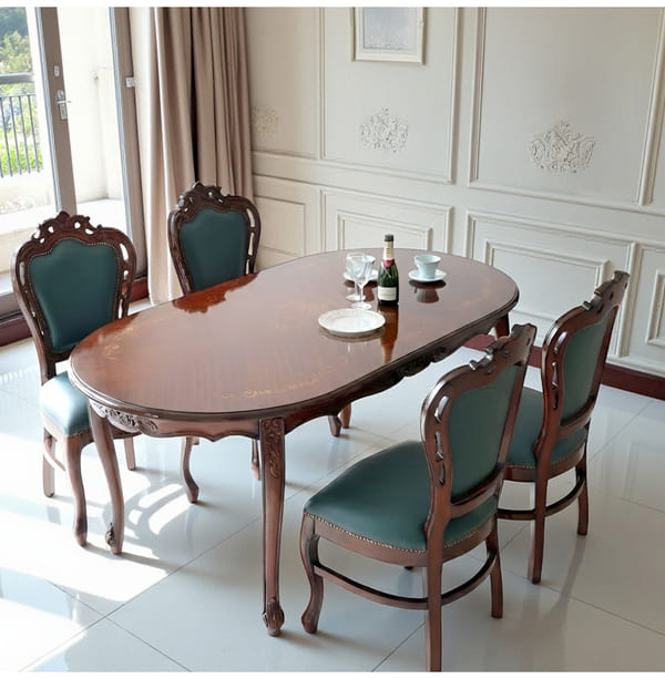 マリナカッシーリ ヨーロピアン オーバルダイニングセット5P（グリーンレザー） 4人掛け 4人用-1