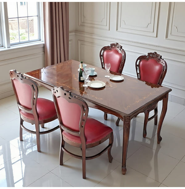 ダイニングセット 5点 幅165cm 長方形 象嵌 マホガニー ワインボルドーチェア 輸入家具-1