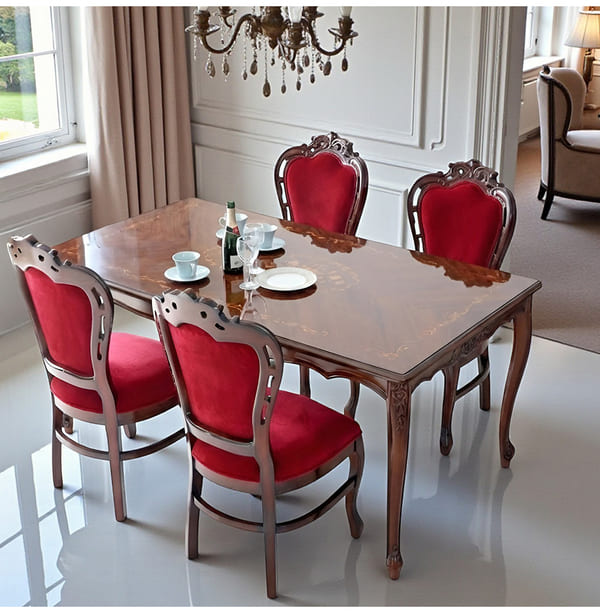 ダイニングセット 5点 象嵌 幅165cm 長方形 マホガニー レッドモケット 猫脚チェア 輸入家具-1