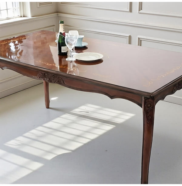 ダイニングセット 5点 象嵌 幅165cm 長方形 マホガニー レッドモケット 猫脚チェア 輸入家具-19