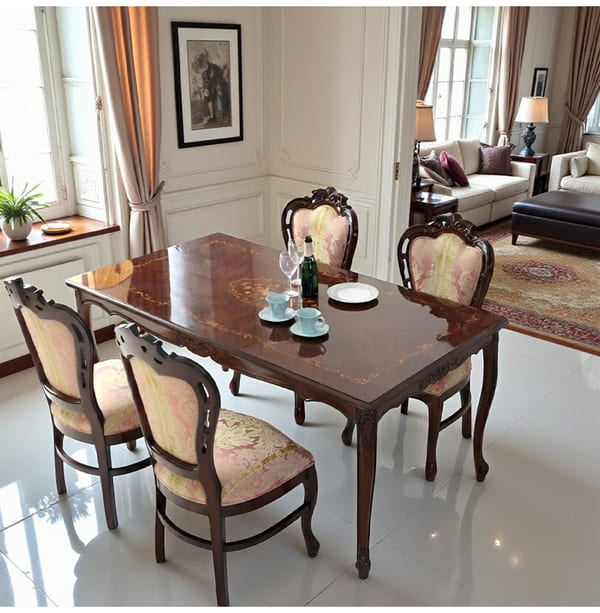 ダイニングセット 5点 幅165cm 長方形 象嵌 マホガニー ピンクストライプチェア 輸入家具-1