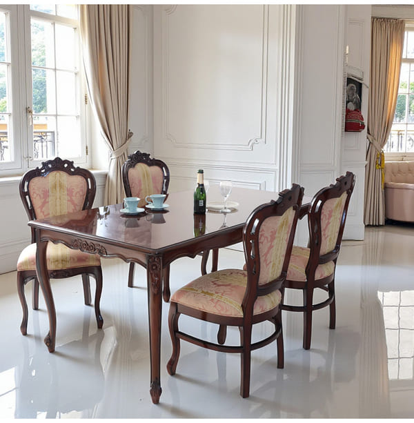 ダイニングセット 5点 幅165cm 長方形 象嵌 マホガニー ピンクストライプチェア 輸入家具-10