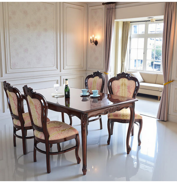 ダイニングセット 5点 幅165cm 長方形 象嵌 マホガニー ピンクストライプチェア 輸入家具-16