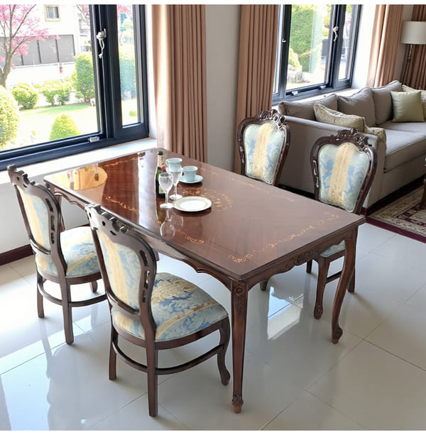 ダイニングセット 5点 幅165cm 長方形 象嵌 マホガニー ブルーストライプチェア 輸入家具-1