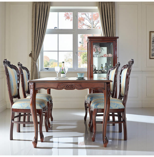 ダイニングセット 5点 幅165cm 長方形 象嵌 マホガニー ブルーストライプチェア 輸入家具-9