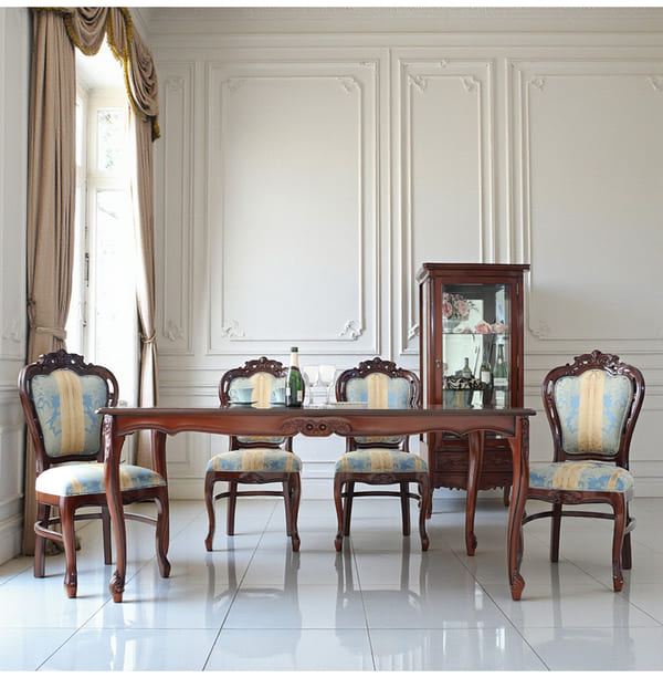 ダイニングセット 5点 幅165cm 長方形 象嵌 マホガニー ブルーストライプチェア 輸入家具-12