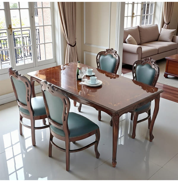 ダイニングセット 5点 幅165cm 長方形 象嵌 マホガニー 深緑 合皮チェア 輸入家具-1
