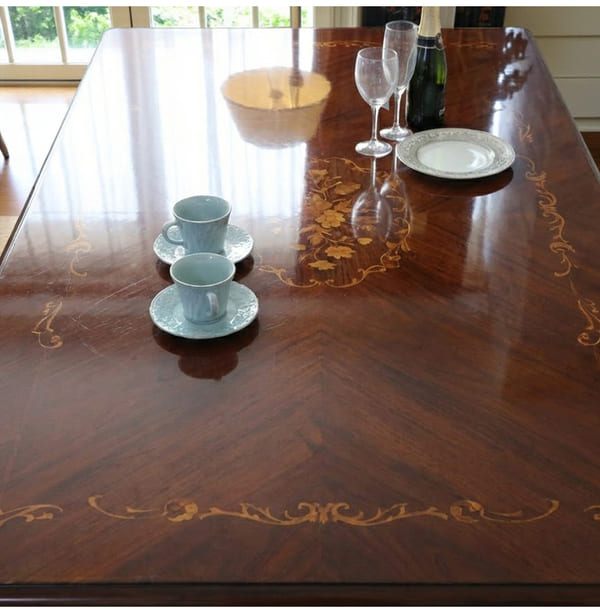 ダイニングセット 5点 幅165cm 長方形 象嵌 マホガニー 深緑 合皮チェア 輸入家具-2