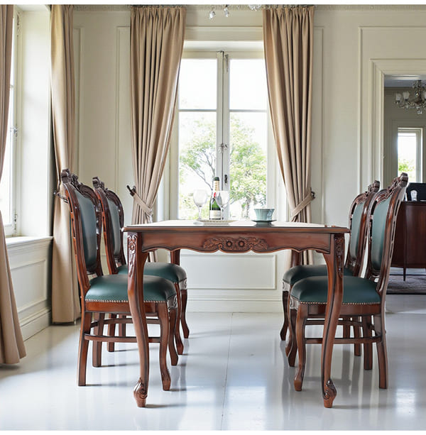 ダイニングセット 5点 幅165cm 長方形 象嵌 マホガニー 深緑 合皮チェア 輸入家具-9