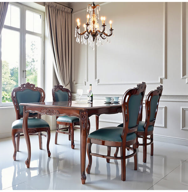 ダイニングセット 5点 幅165cm 長方形 象嵌 マホガニー 深緑 合皮チェア 輸入家具-10