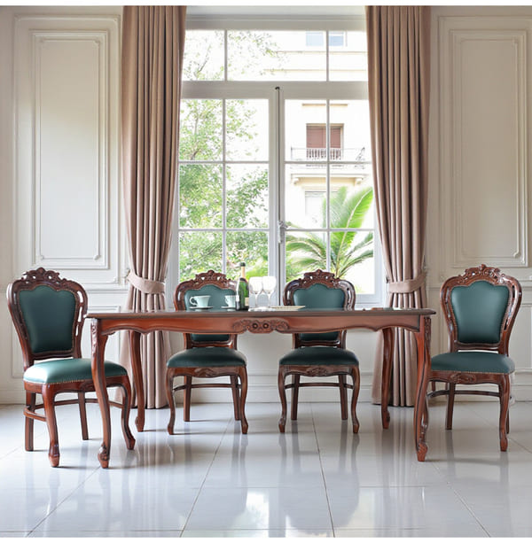 ダイニングセット 5点 幅165cm 長方形 象嵌 マホガニー 深緑 合皮チェア 輸入家具-12