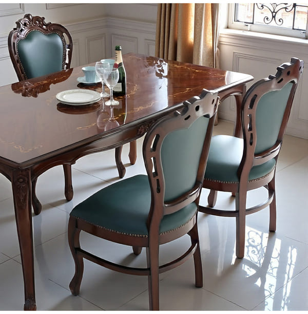 ダイニングセット 5点 幅165cm 長方形 象嵌 マホガニー 深緑 合皮チェア 輸入家具-13