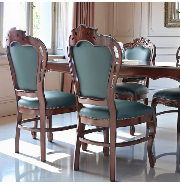 ダイニングセット 5点 幅165cm 長方形 象嵌 マホガニー 深緑 合皮チェア 輸入家具-14