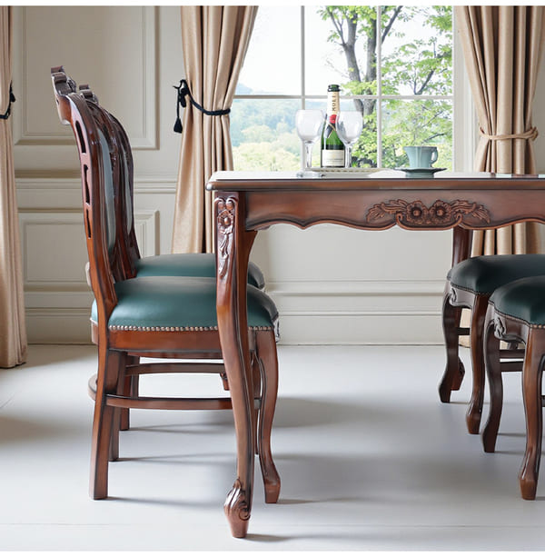ダイニングセット 5点 幅165cm 長方形 象嵌 マホガニー 深緑 合皮チェア 輸入家具-15