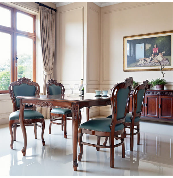 ダイニングセット 5点 幅165cm 長方形 象嵌 マホガニー 深緑 合皮チェア 輸入家具-16