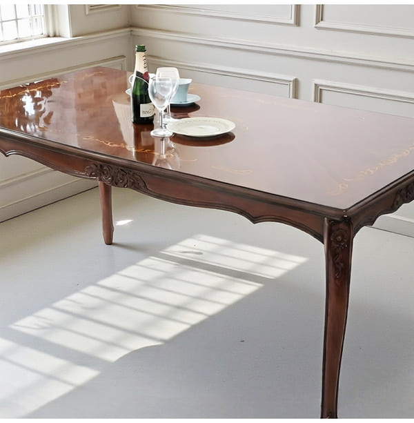 ダイニングセット 5点 幅165cm 長方形 象嵌 マホガニー 深緑 合皮チェア 輸入家具-19